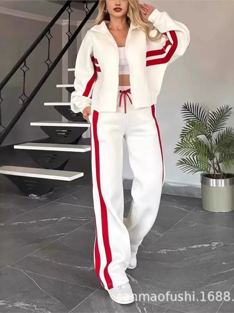 

White Sweatshirt Suit Striped Splic Zipper Coat+sweatpants 2 Piece Set Women Spring Casual Batwing Sleeve Sports Jacket Outfits