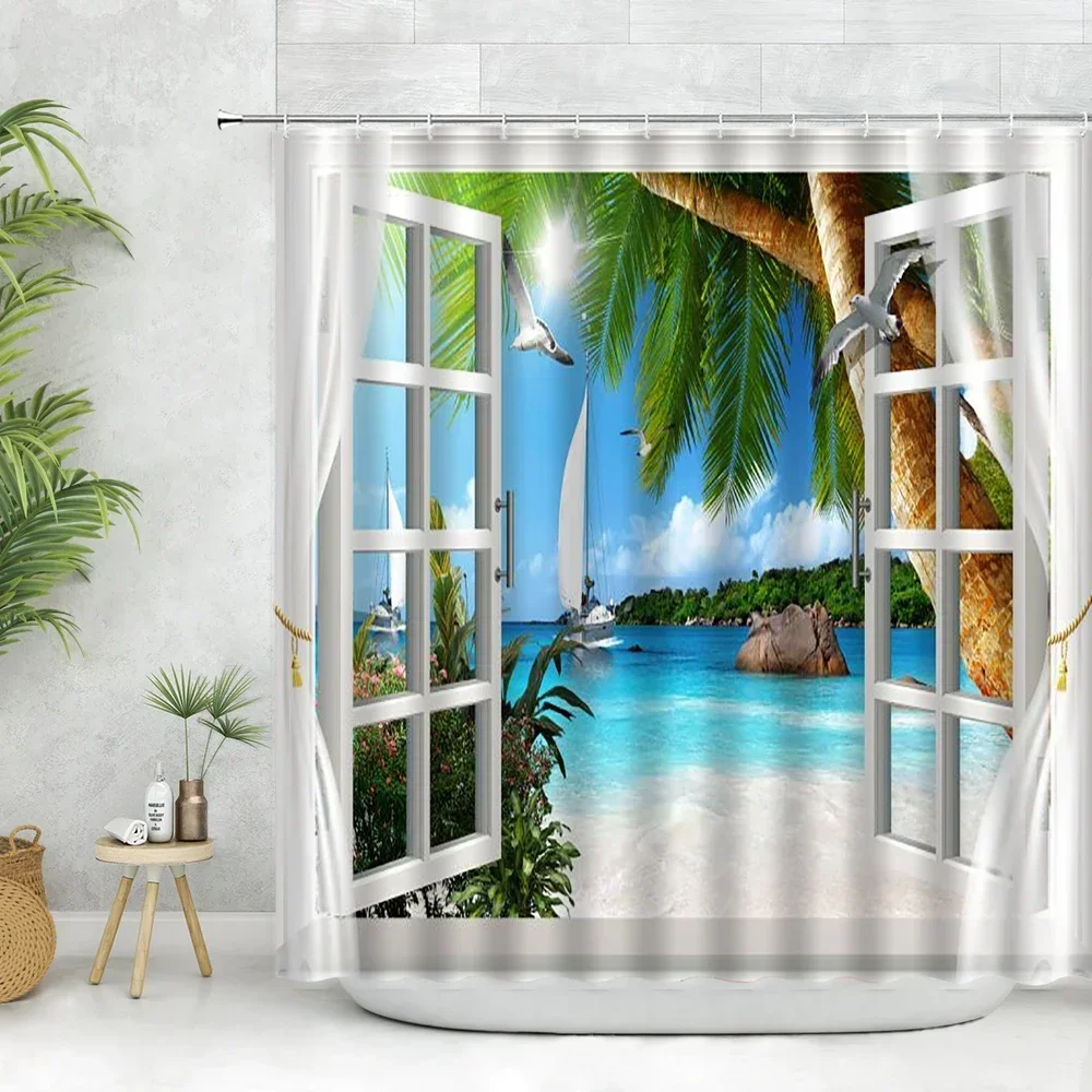 3D Window Sea View Shower Curtain Sea Beach Coconut Tree Landscape Modern Living Room Bedroom Bathroom Kitchen Decor Curtain