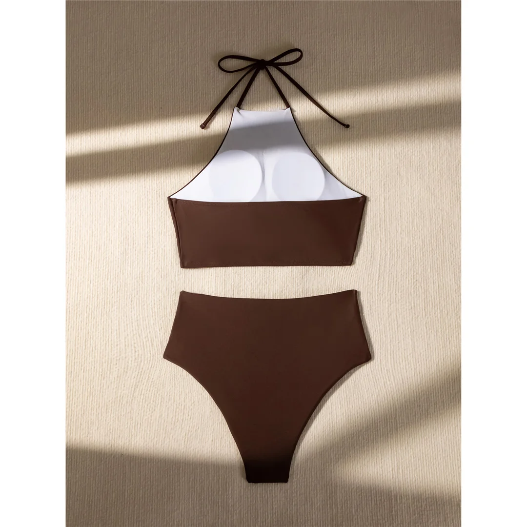 Halter Neckholder-Bikini mit Falten, hoher Halsausschnitt, Damen-Badeanzug, Bikini mit hoher Taille, zweiteiliges Bikini-Set, Badebekleidung, Badeanzug, Modell V5616 – Detail 14