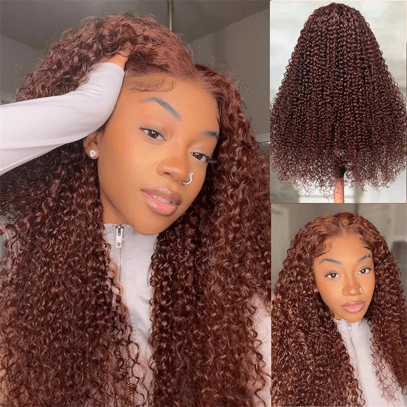 250% Density Kinky Curly Reddish Brown 4x4 Deep Curly Remy Human Hair Wig Natural Hairline 5x5 Closure Wig For Women 40 Inch