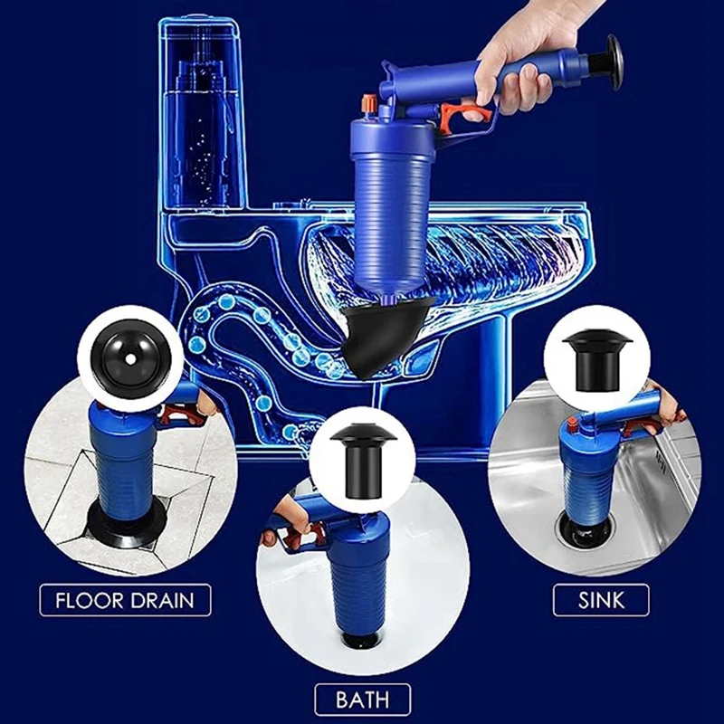 Blue Drain Clog Remover With 4 Suction Cups, High Pressure Exhaust, Bathroom, Kitchen, Clogged Pipe Tub Cleaning Blue