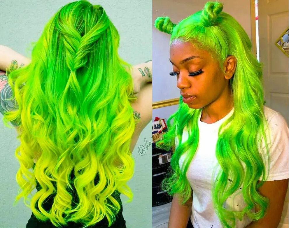 Perucas de corpo longo para mulheres, cabelo sintético, verde e amarelo, presente cosplay, moda