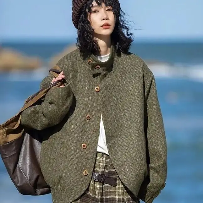 

Coat High-Quality Stand-Up Collar Curved Placket Woolen 2023 New Japanese Retro Autumn And Winter Loose Warm Jacket Coat