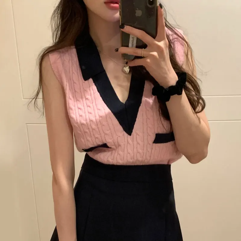 

Шикарный летний женский вязаный жилет V-Ne Color Blo Design Svel Свободный крой в Корейском стиле Повседневная одежда без бренда