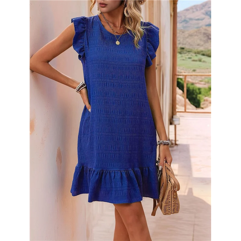 A83F-Vestiti estivi da donna, girocollo, maniche ad aletta, orlo con volant, mini abito grembiule casual