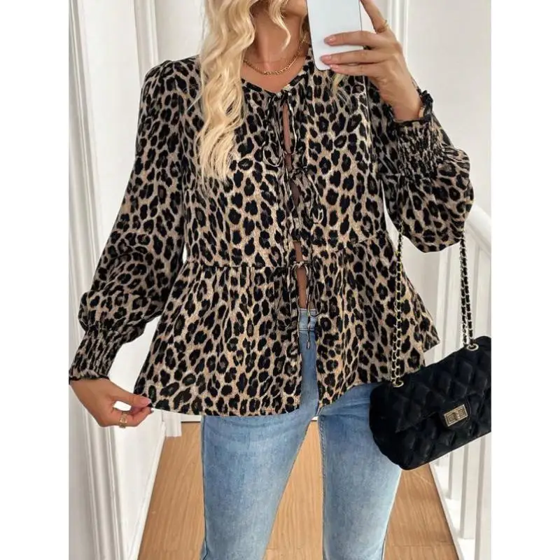 

Новая женская повседневная блузка U 4949 с леопардовым принтом, винтажным воротником и длинным рукавом, трансграничный модный стиль для женщин среднего возраста