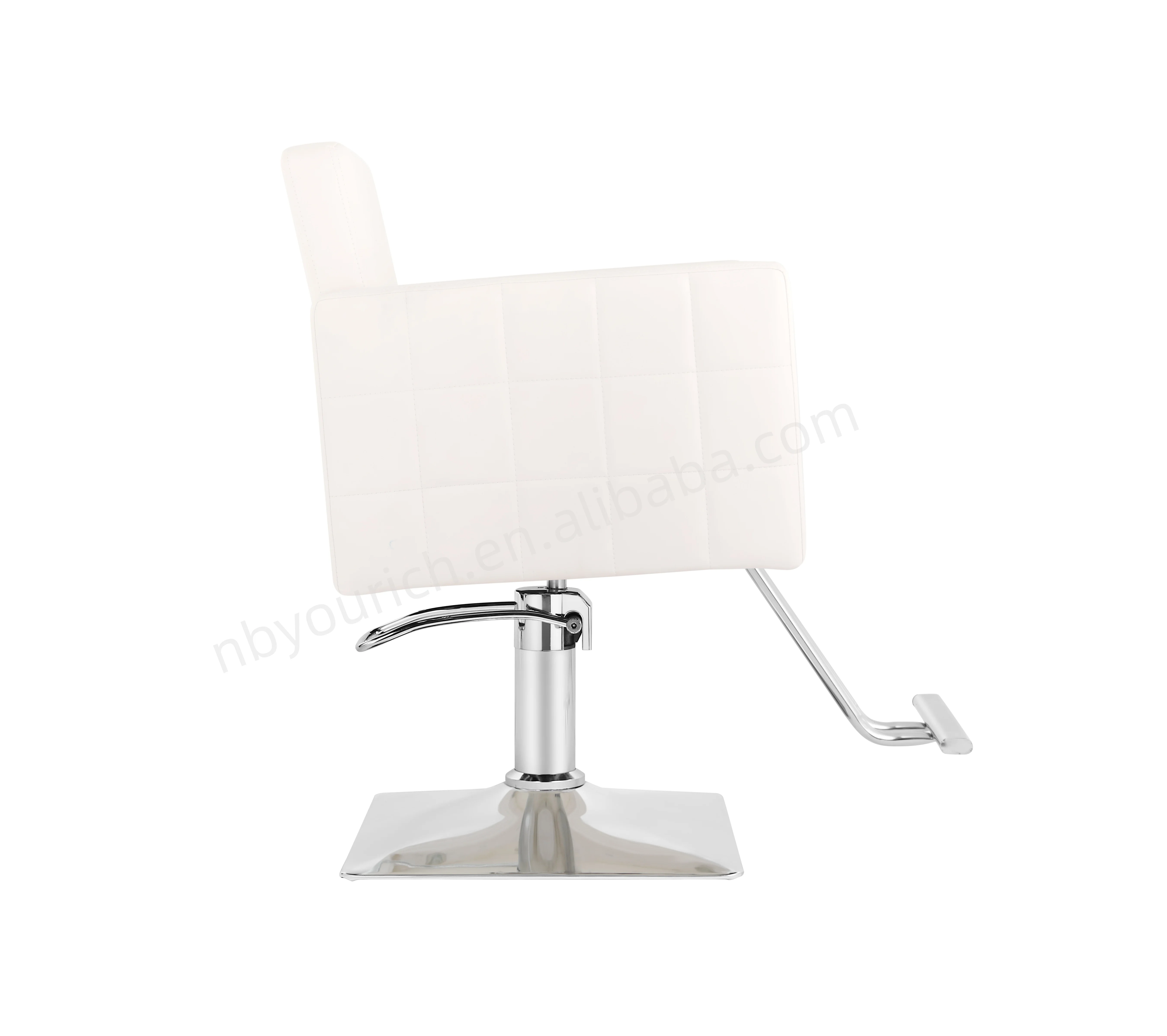 Weißer Damen-Styling-Friseurstuhl mit quadratischer Basis, Salonstuhl, moderne Salonmöbel