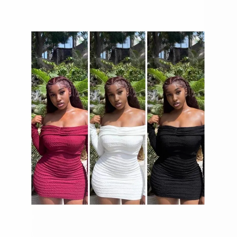 

【New style】Autumn and winter new translucent long sleeve one-shoulder dress short skirt women's vacation knitting wrapping ches