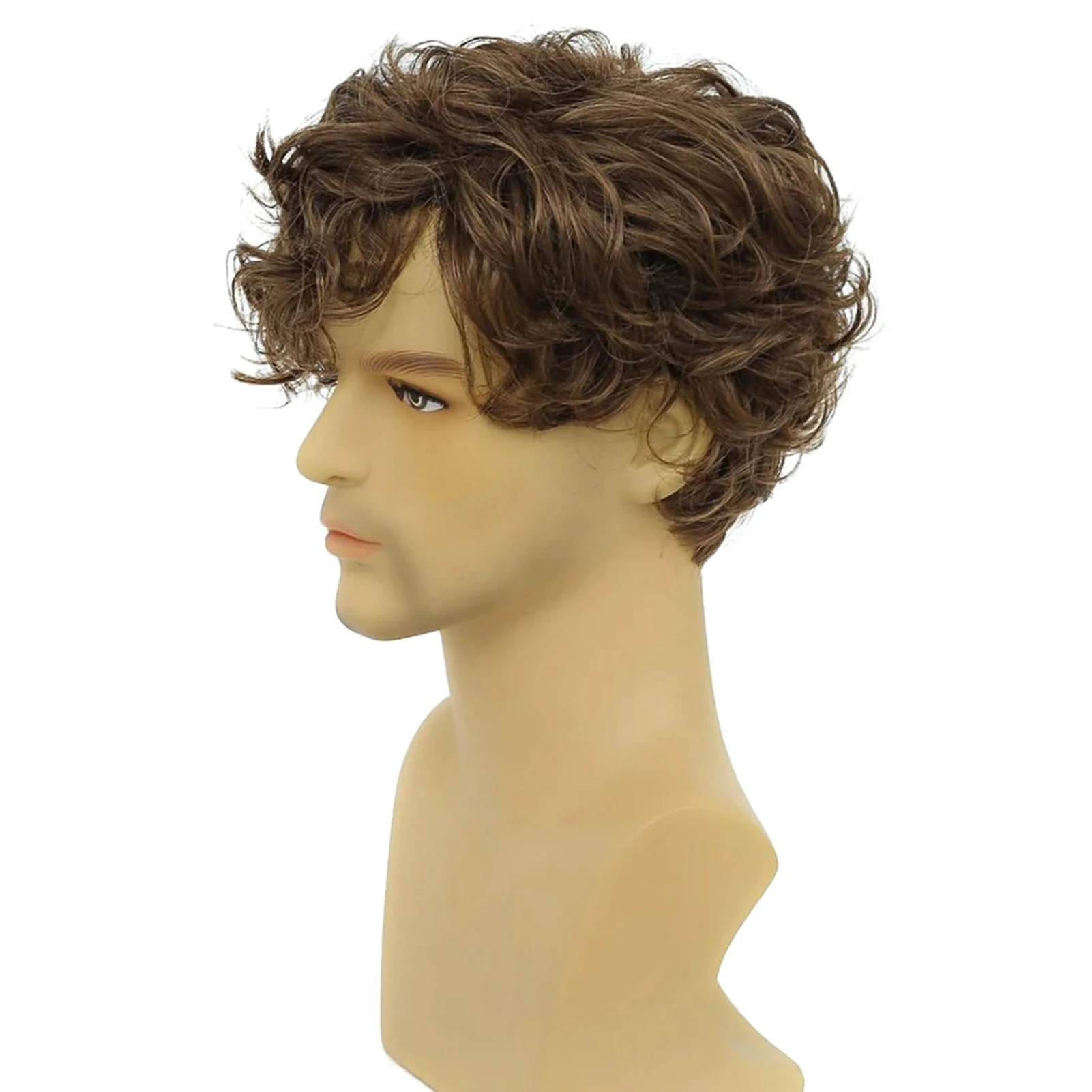Men's Wig Short Fluffy Brown Rocker Wigs Long Bangs Naturally Curl Fake Hair Replacement For Men Boys Daily Use Hair Styling image 4