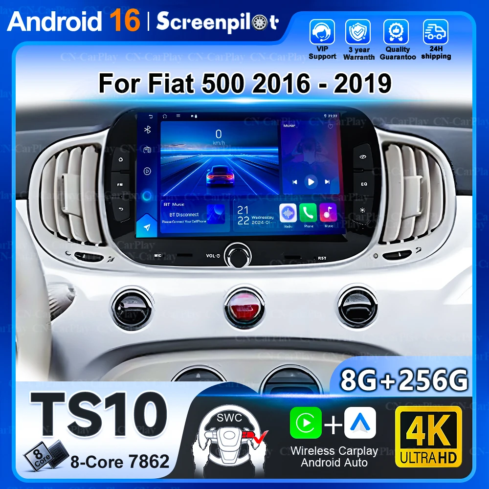 7 Inch Android 16 Car Radio For Fiat 500 2016 2017 2018 2019 Carplay Auto Multimedia Player 8 Core Gps Stereo Head Unit No 2din
