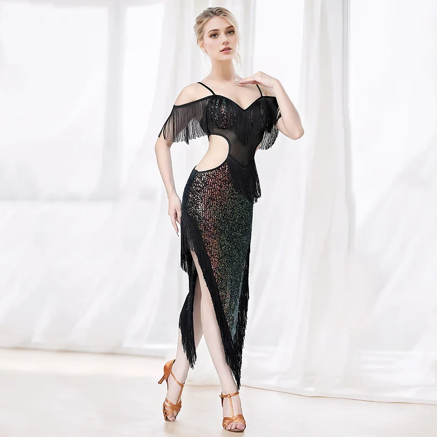 Femmes robe de danse latine frange clapet Maxi robe paillettes Salsa Rumba Samba Tango cha-cha danse Performance compétition Costume