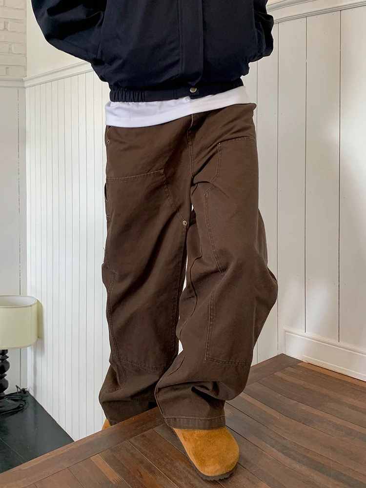 

Retro Straight Leg Workwear Pants Men's Loose Waed Denim Jeans Korean Trendy Cotton High Waist Zipper Decorated Autumn Wear