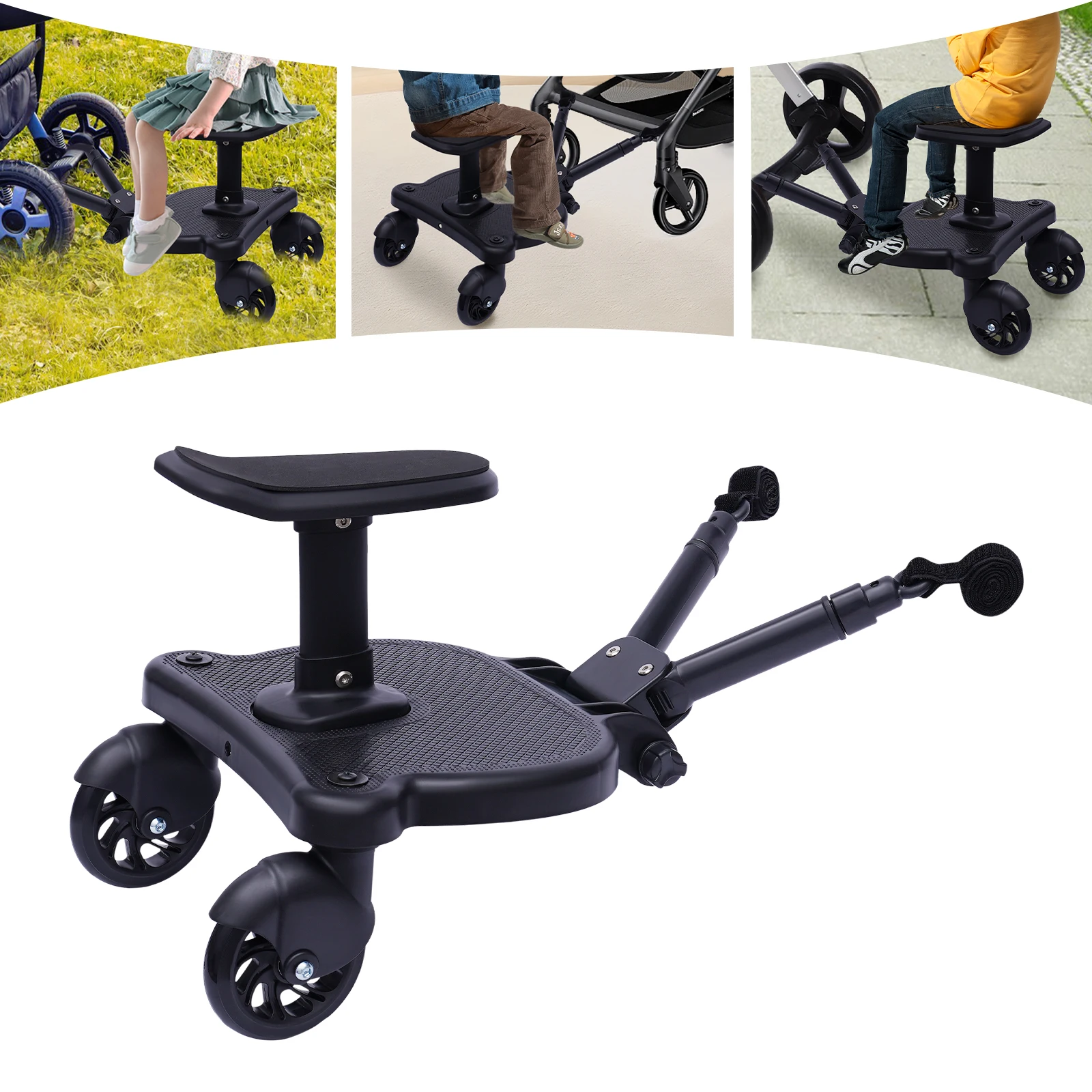 

Black PP, PU, EVA Universal 2in1 Stroller Ride Board Stroller Board Buggy Wheeled Board Seat Pedal for Walks, Play, Shopping
