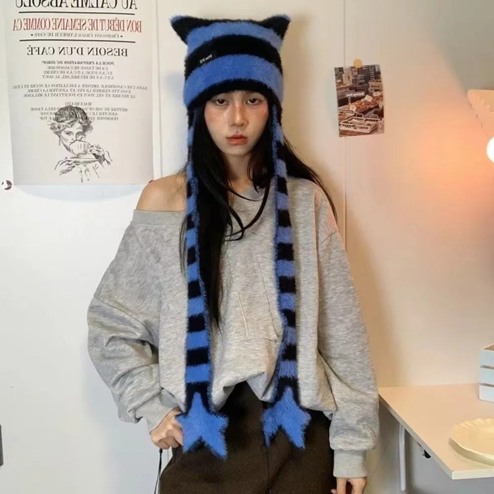 Millennium Style Black White Striped Knitted Hat Gradient Soft Star Pattern Hat Winter Warm Narrow Scarf for Girls