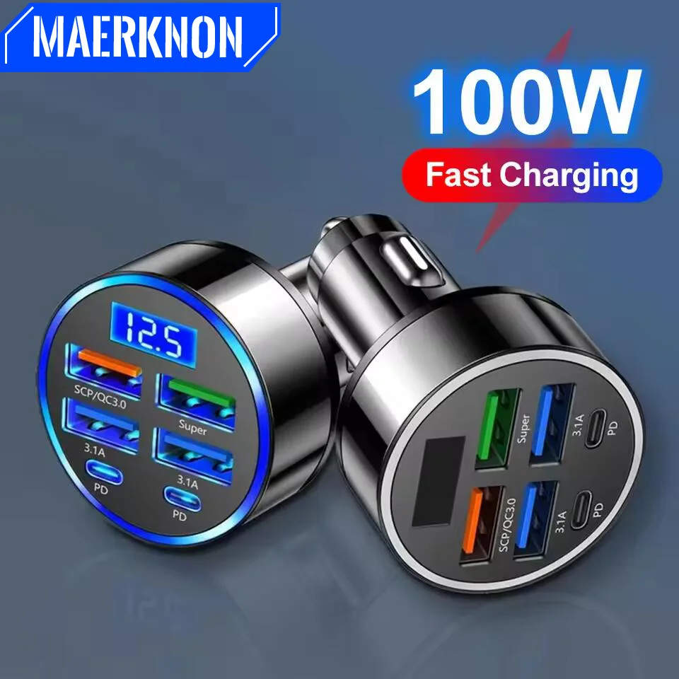 100W 6 Ports Car Charger PD QC3.0 Fast Charging USB C Car Phone Charger Type C Adapter In Car For iPhone Samsung Xiaomi Huawei