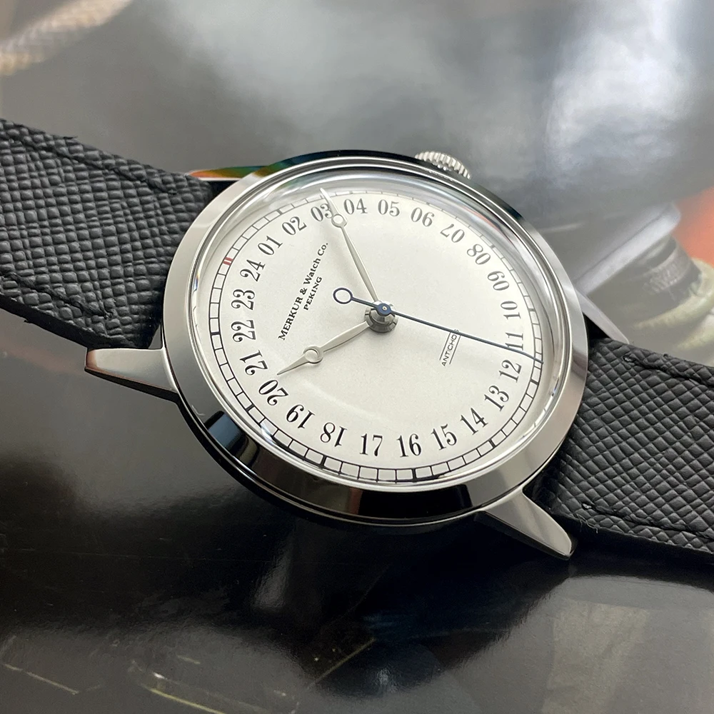 MERKUR ساعة مزدوجة بيضاء 24H حافظة أرق 50 متر ساعة غواص الجلد خمر ساعة ميكانيكية أوتوماتيكية 38 مللي متر Relogio Masculino