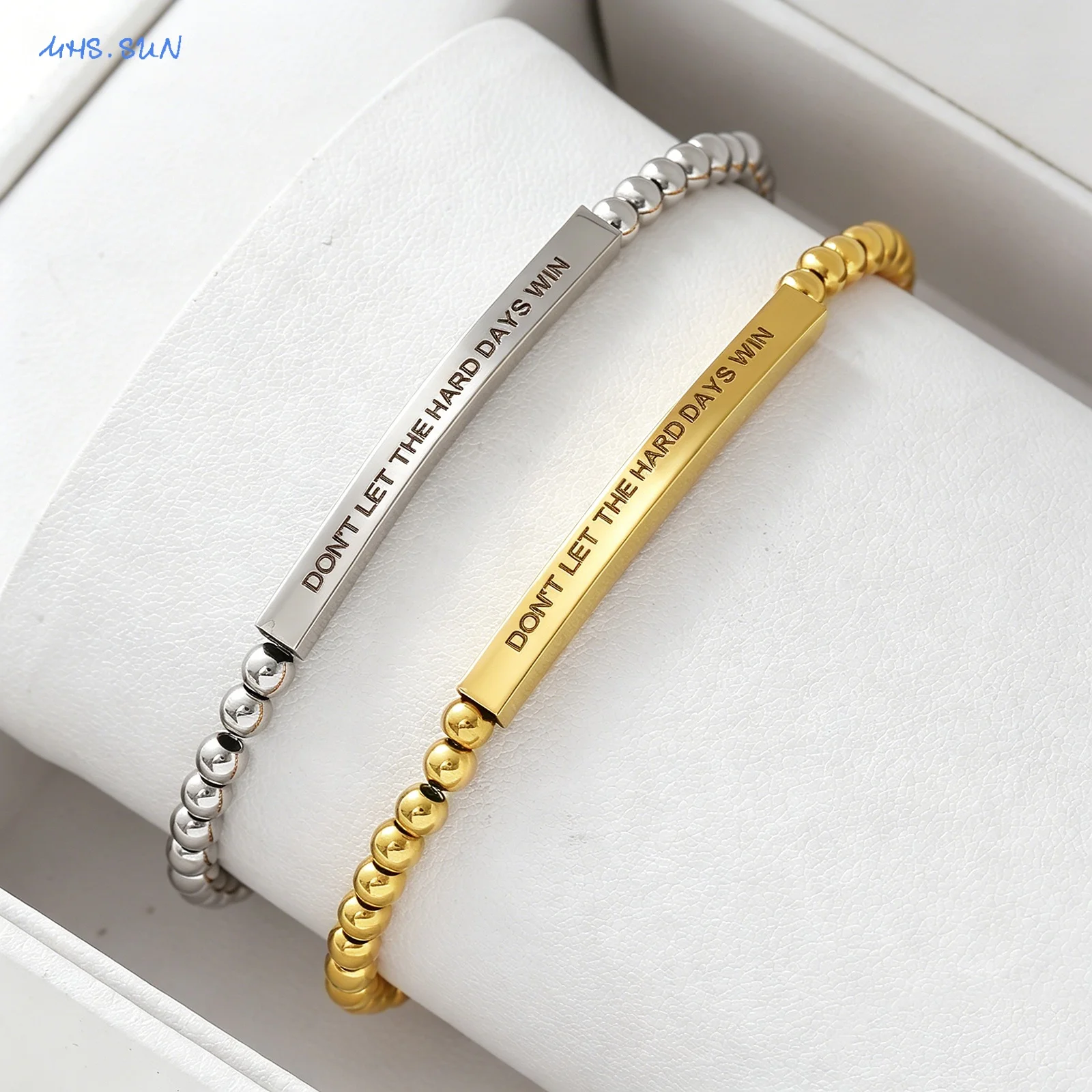 MHS.SUN Stainless Steel Bead Elastic Bracelets for Women Men Dont Let The Hard Days Win Beaded Inspire Bracelet Jewelry Gift