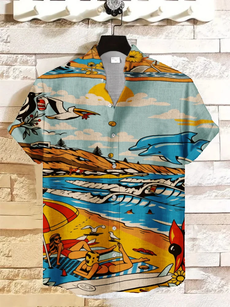 

Men's Casual Shirt Vintage Tropical Floral Print Short Sleeve Linen Blend Beach Tops 2026 Summer Stand Collar Tunics for Men
