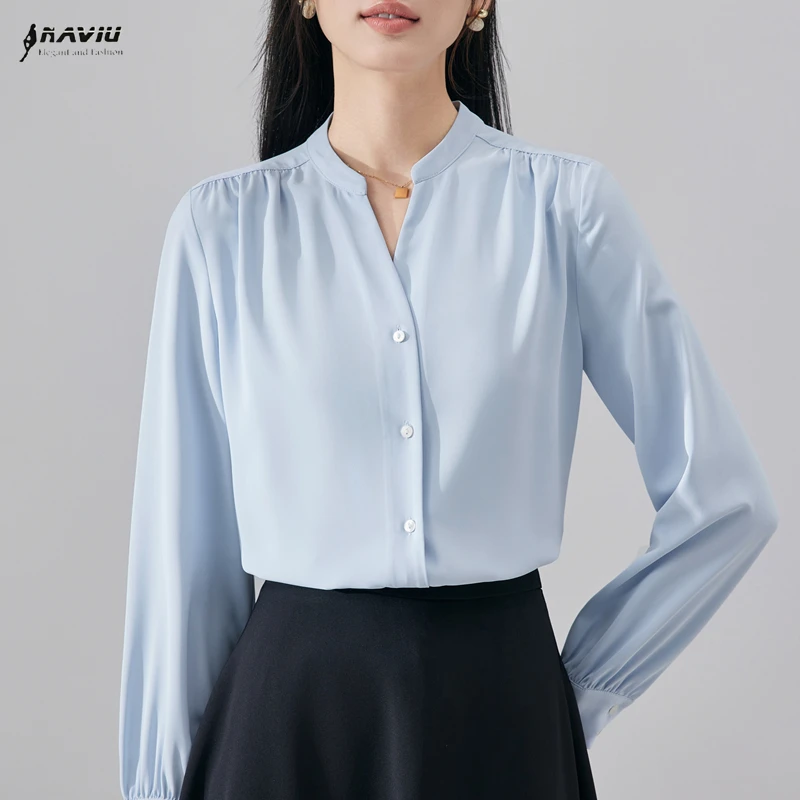 

NAVIU Elegant Women Shirt New Autumn Temperament V Neck Long Sleeve Loose Chiffon Blouses Office Ladies Work Tops White Blue