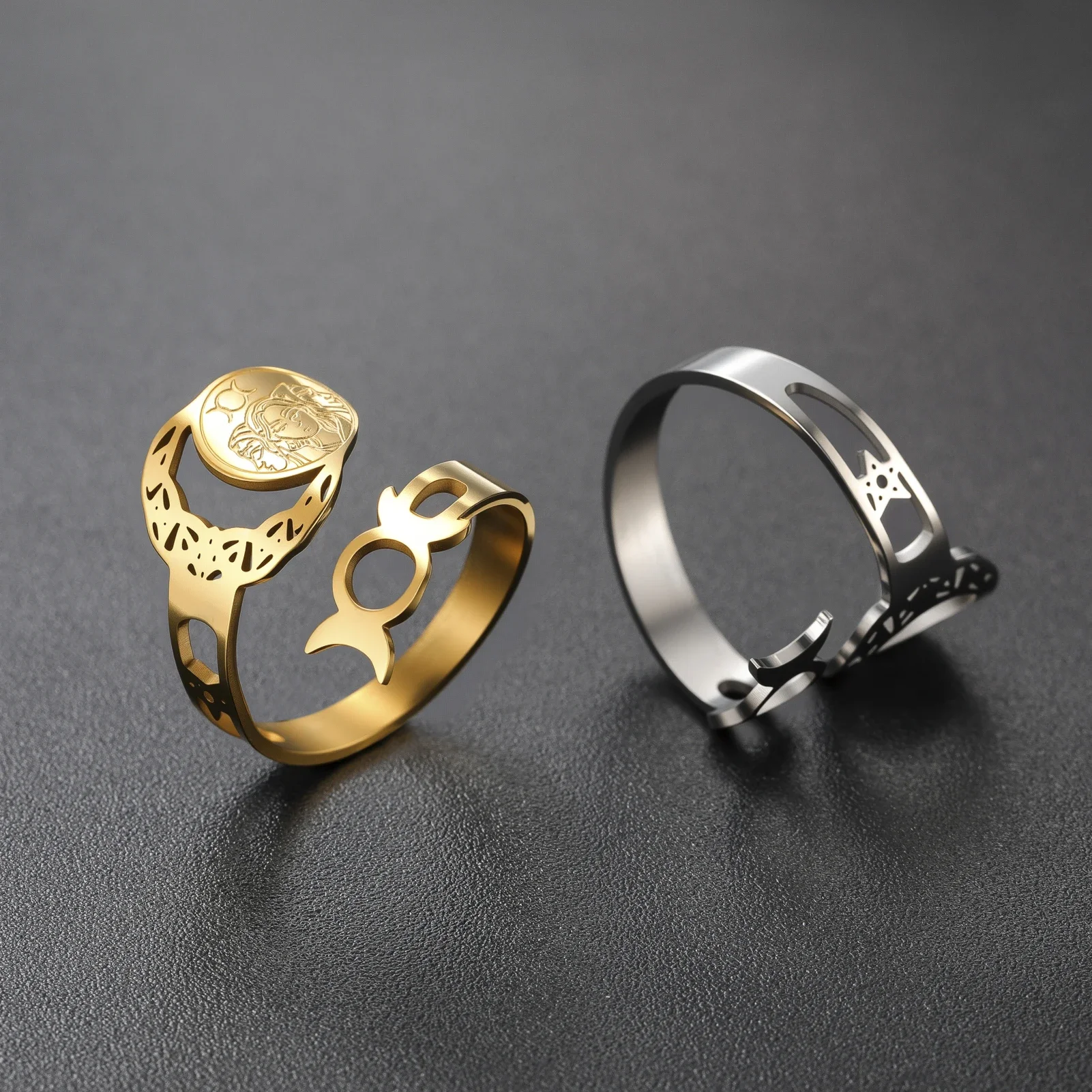 Triple Moon Goddess Star Witch Knot Moon Pentagram Stainless Steel Open Adjustable Ring Personalized Protection Gift for Women
