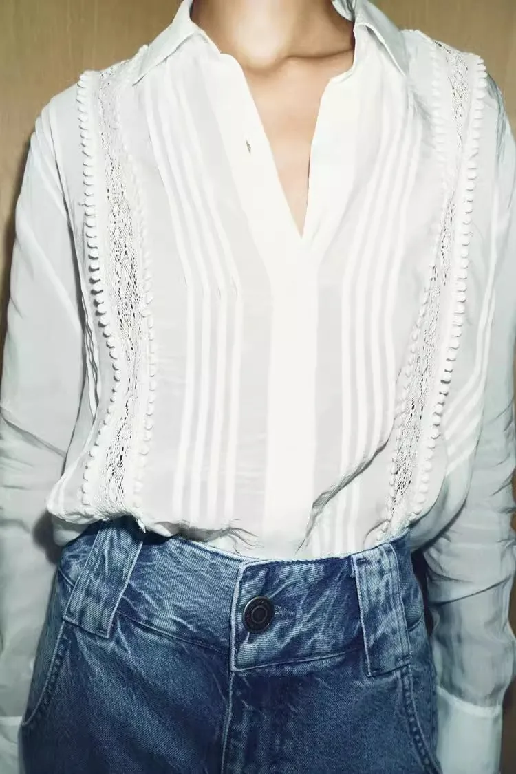 Faionable White Long Sve irt Spring Summer New Sle Women's Clothing Commute Personali Turn-down Collar Vertical Lace