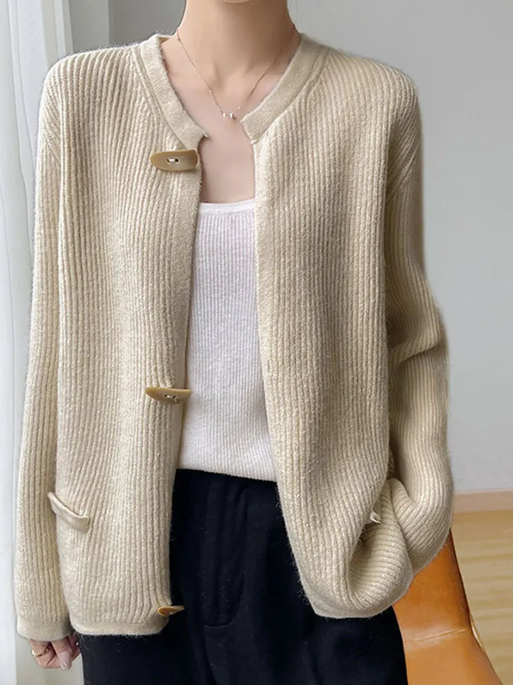 

Уютный вязаный кардиган Lazy Sle: комфортный однотонный кардиган с длинными рукавами, повседневный, элегантный, в корейском стиле, стандартный крой.