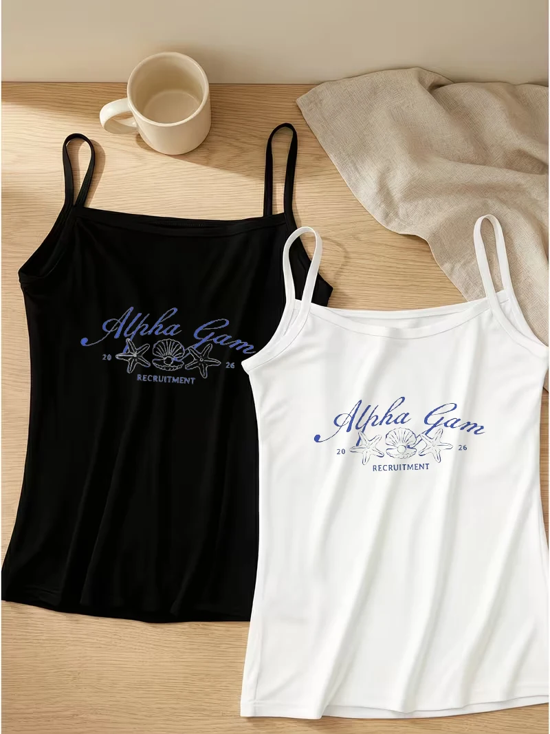 2026 Alpha Gam Sorority Recruitment Camisole Women Cute Seashell Print Tank Top White Black Spaghetti Strap Cami Slim Fit Vest