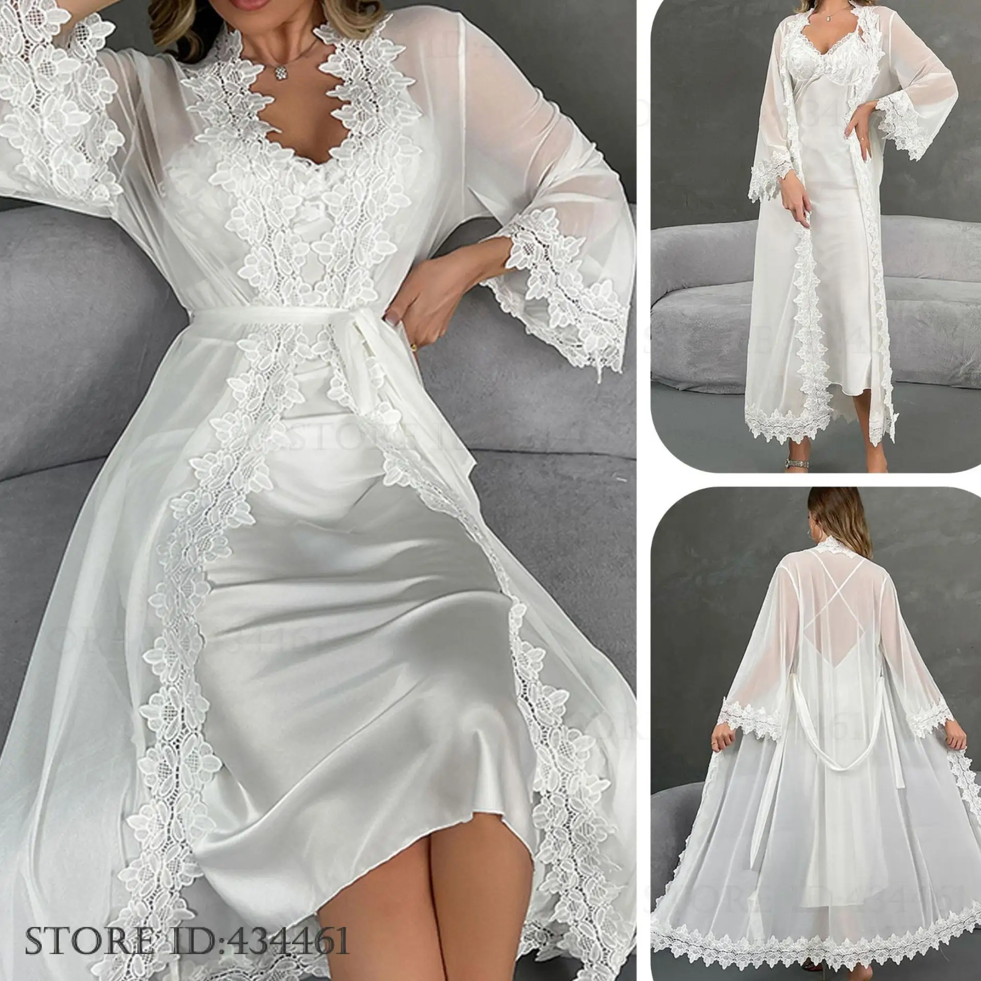

Sexy Lace Female Nighty&robe Set Nightgown White Ice Silk Suspender Nightdress Lingerie Spring Summer New Sleepwear Homewear