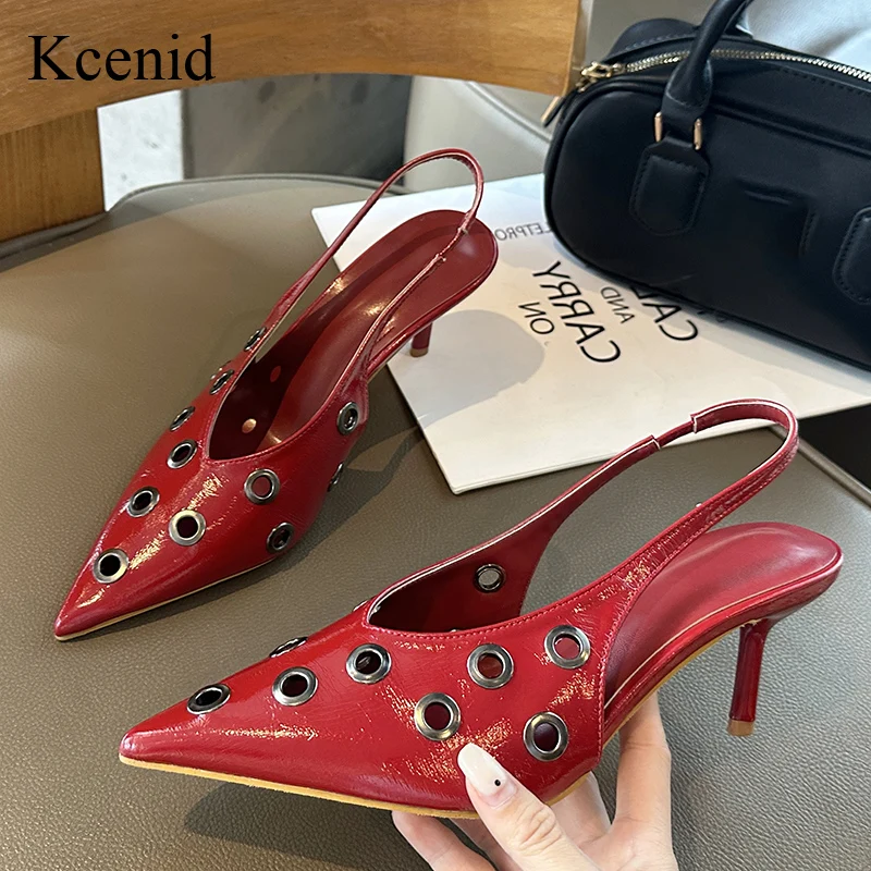 

Kcenid с заклепками и острым носком, женские модные стильные пикантные туфли на высоком каблуке, женские вечерние туфли из лакированной кожи большого размера, размер 42 43