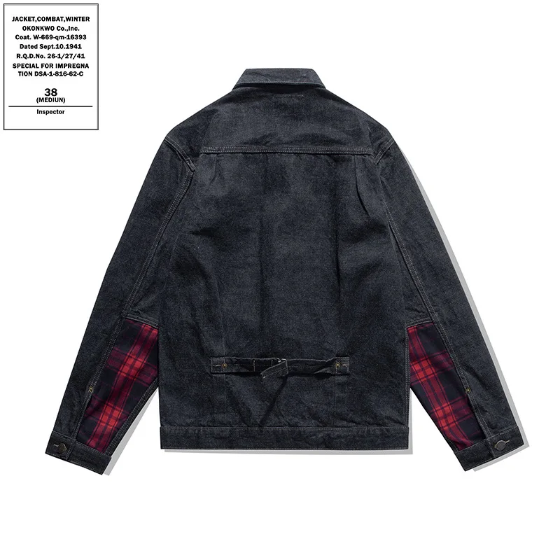 OKONKWO 15oz Heavyweight Original Color Red Ear Denim Jacket Men's Color Blocked Checkered Cloth Coat Outdoor College Stormsuit
