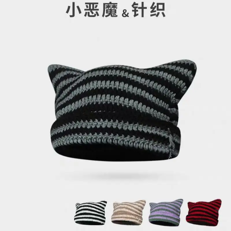 

Crochet Hats Korean Punk Gothic Y2K Wool Knitted Cap Lazy Style Cute Cat Ears Beanie Hats Little Devil Striped Knitted Hat Women