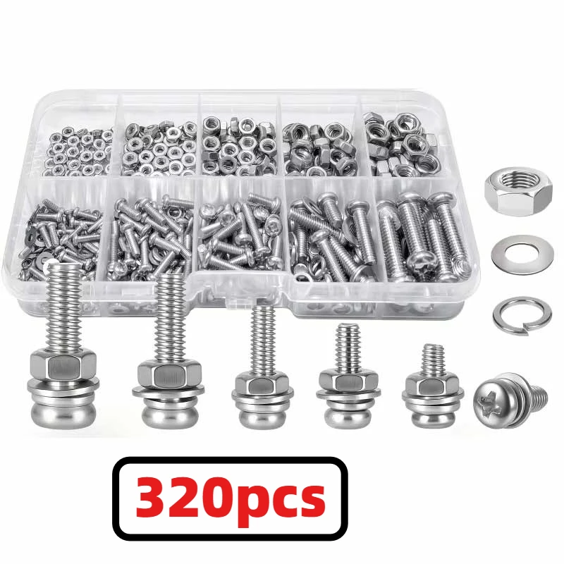 320pcs Premium 304 Stainless Steel Screws And Nut Assortment Kit - Corrosion-Resistant, Snap-in Nuts, M2 to MS Sizes - Ideal F