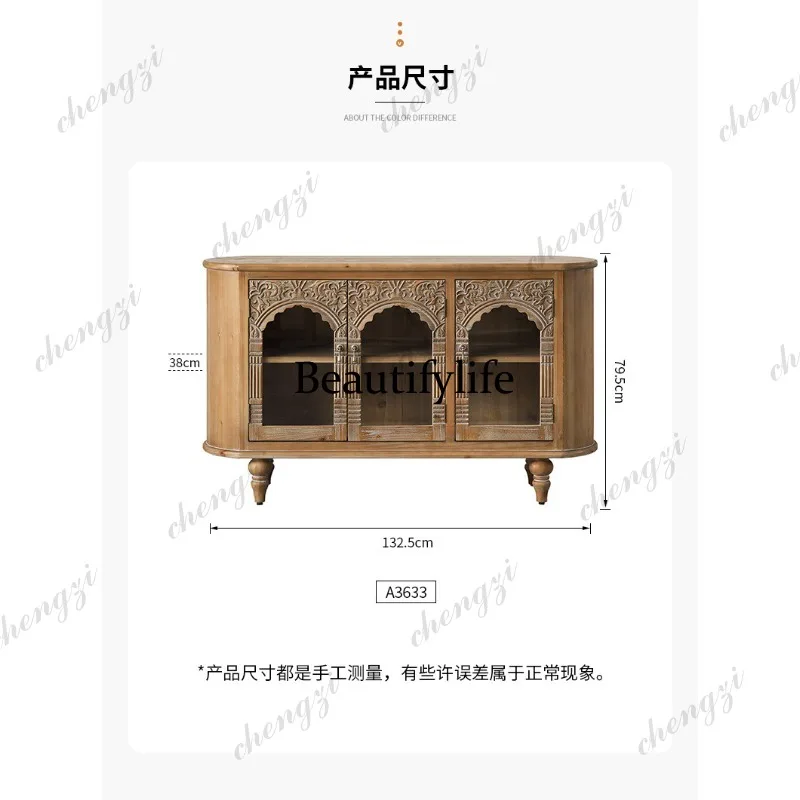 French retro solid wood dining side cabinet glass arch living room storage cabinet carved entrance cabinet