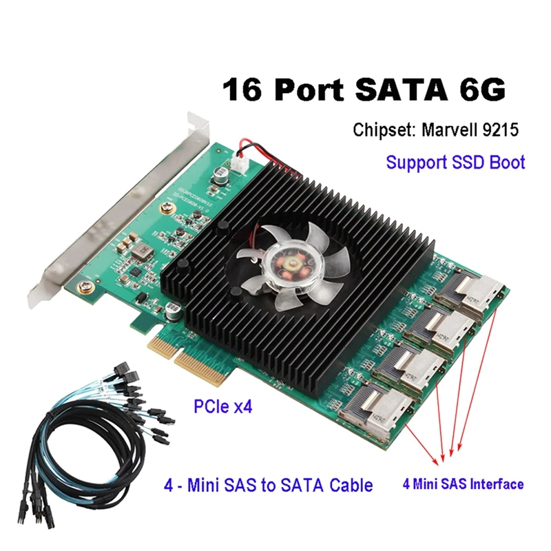 Tarjeta controladora SATA 6G X4 PCI Express de 16 puertos, Marvell 88SE9215, Chipset Pcie SATA III 3,0 con Cable Mini SAS a 4 Sata