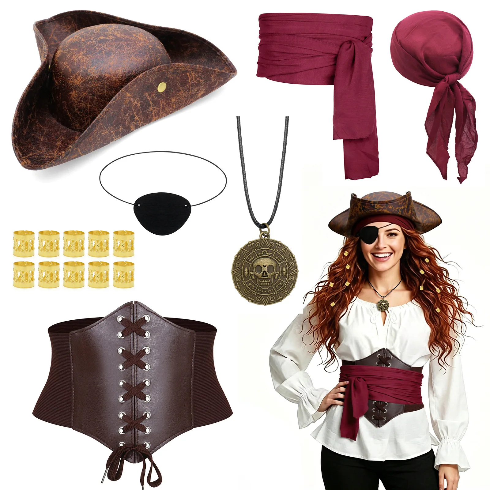 Halloween Pirate Cosplay Costume Accessory Set Captain Costume Props Hat Headscarf Necklace Corset Belt Eye Patch Complete Suit