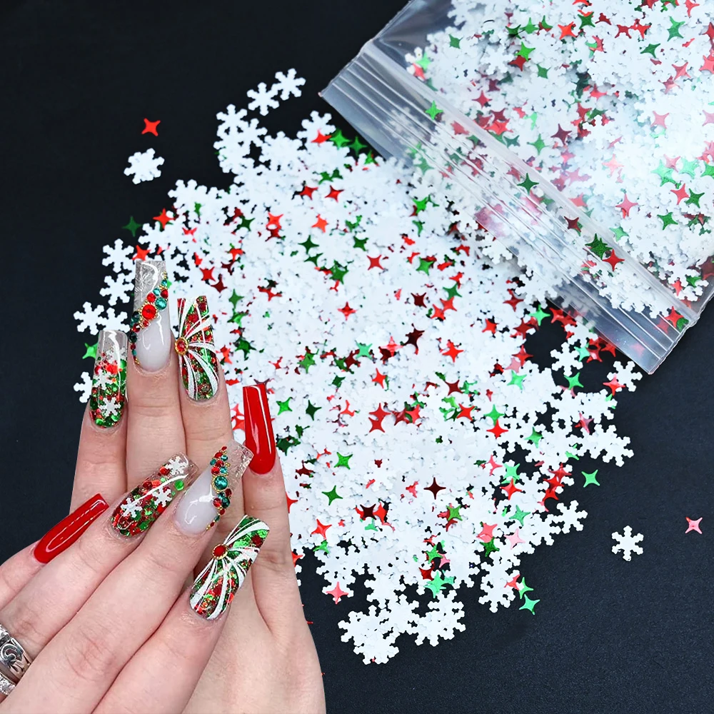 50g Mix-Color&Size Xmas Nail Sequins,Red-Green-White Christmas Series Colors Nail Sequin Sparkly Confetti Gift DIY Crafts Flake