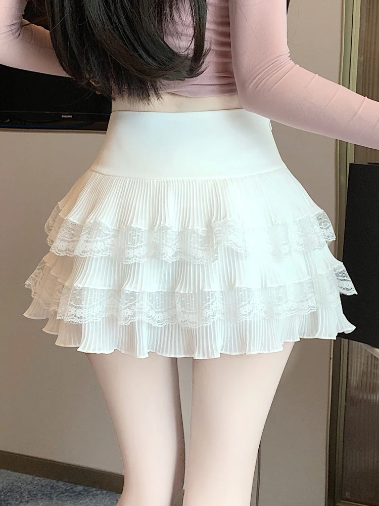 กระโปรงบัลเล่ต์สีขาวลูกไม้ทรงเค้ก ความยาวระดับเข่า สำหรับผู้หญิง ฤดูร้อน เอวสูง ฟูฟ่อง ทรงเอไลน์ ป้องกันการโป๊ เซ็กซี่