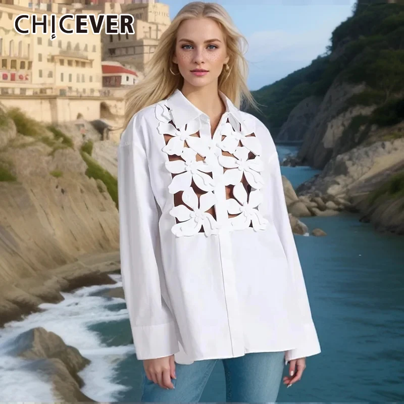 

CHICEVER Solid Fashion Tops For Women Lapel Long Sleeve Hollow Out Patchwork Appliques Straight Button Up Shirt Female Clothes