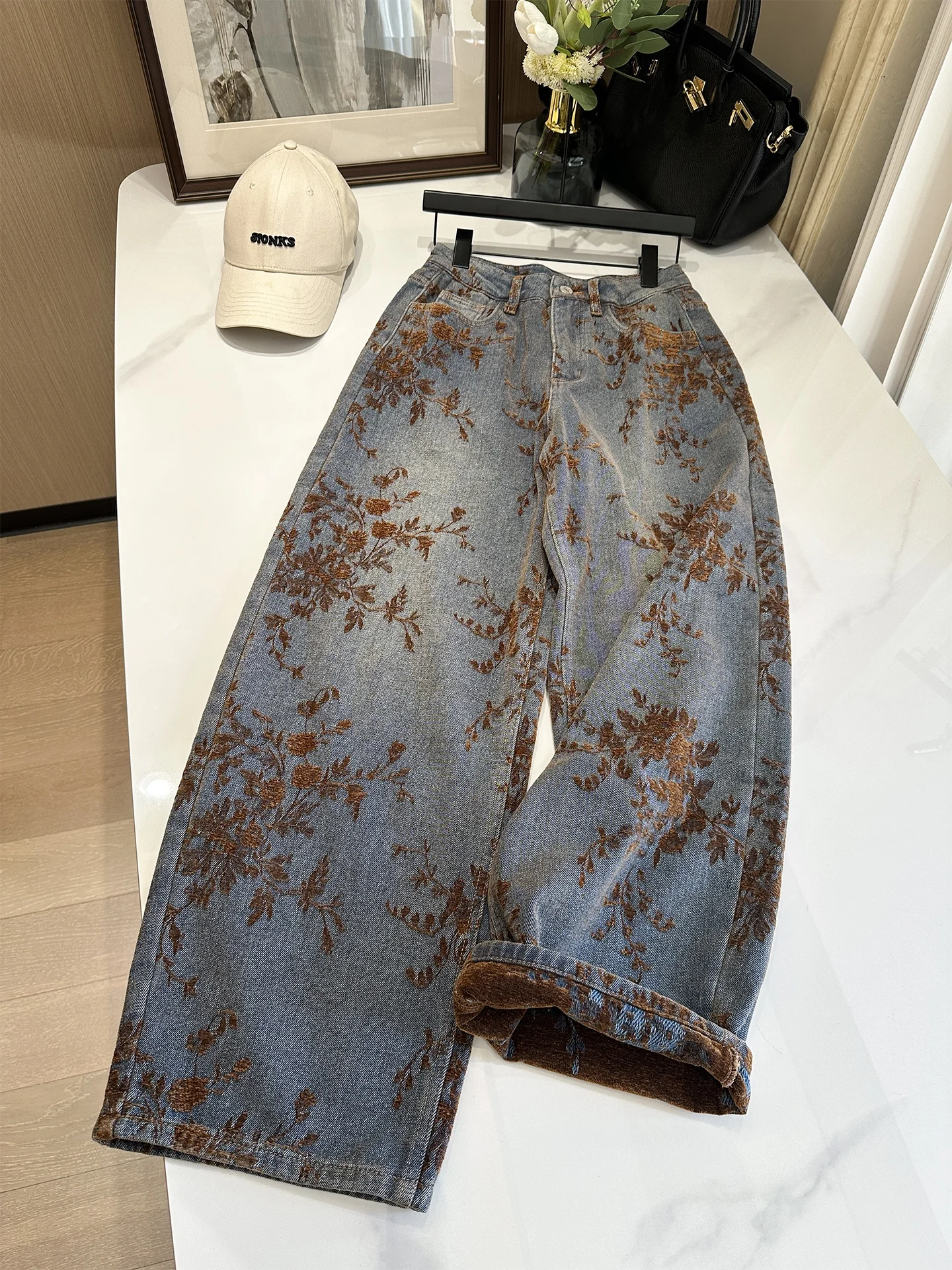 

High Waist Floral Embroidery Denim Pants Women's Autumn Winter Vintage Design Loose Fit Biker Pants Thickened Jeans