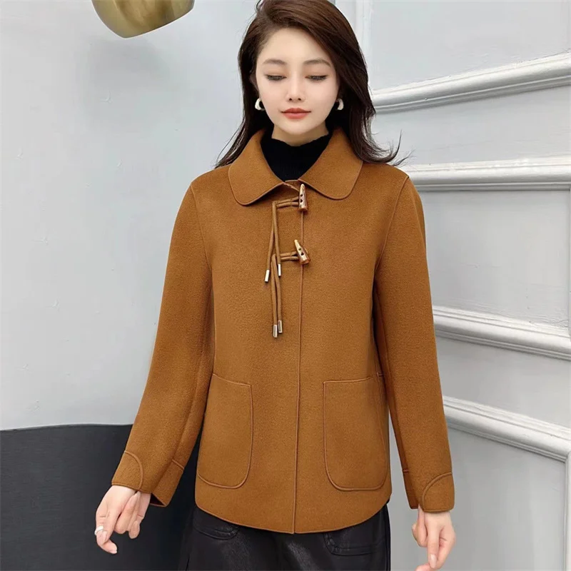 

Женское короткое двухстороннее шерстяное пальто на осень и зиму, Новое высококачественное шерстяное пальто с длинным рукавом и пряжкой, женская верхняя одежда 5XL
