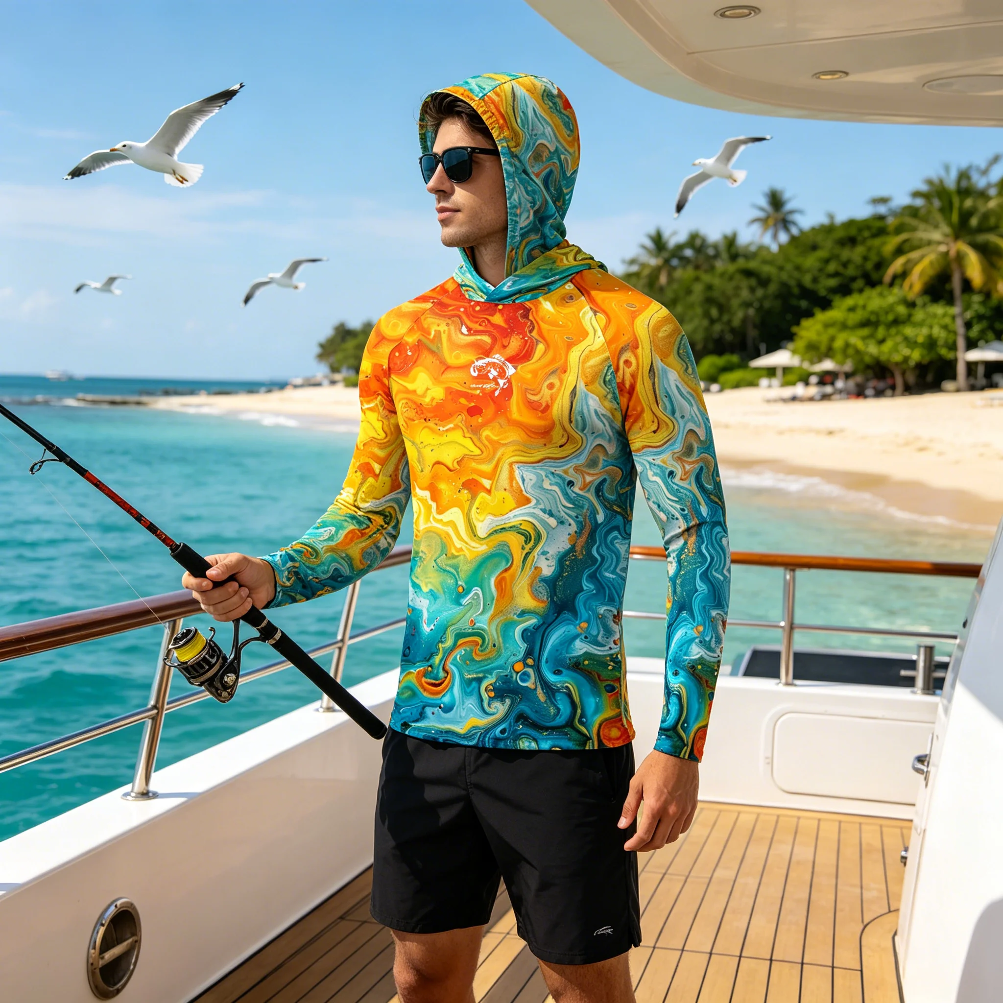 Sun Protection Long Sleeve Fishing Hoodies Fish Shirts UPF50 Quick Dry Hooded Men Ocean Print UV Protection Outdoor Fishing Tops