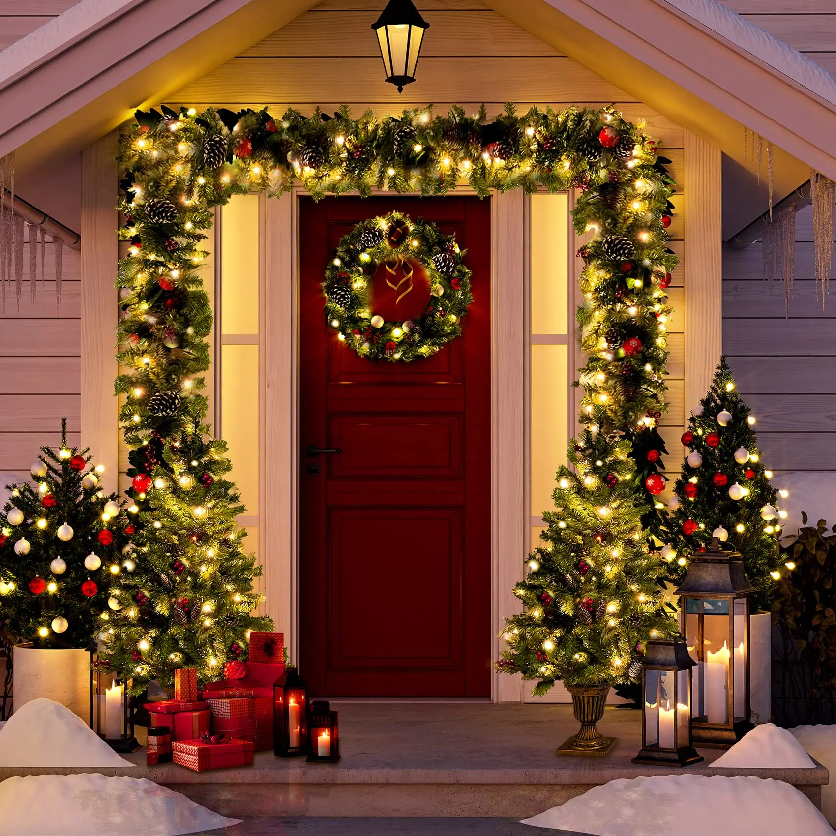 Pre-lit Artificial Christmas Tree, Xmas Tree Holiday Green Christmas Decorations 4-Piece Set, Wreath, Garland and