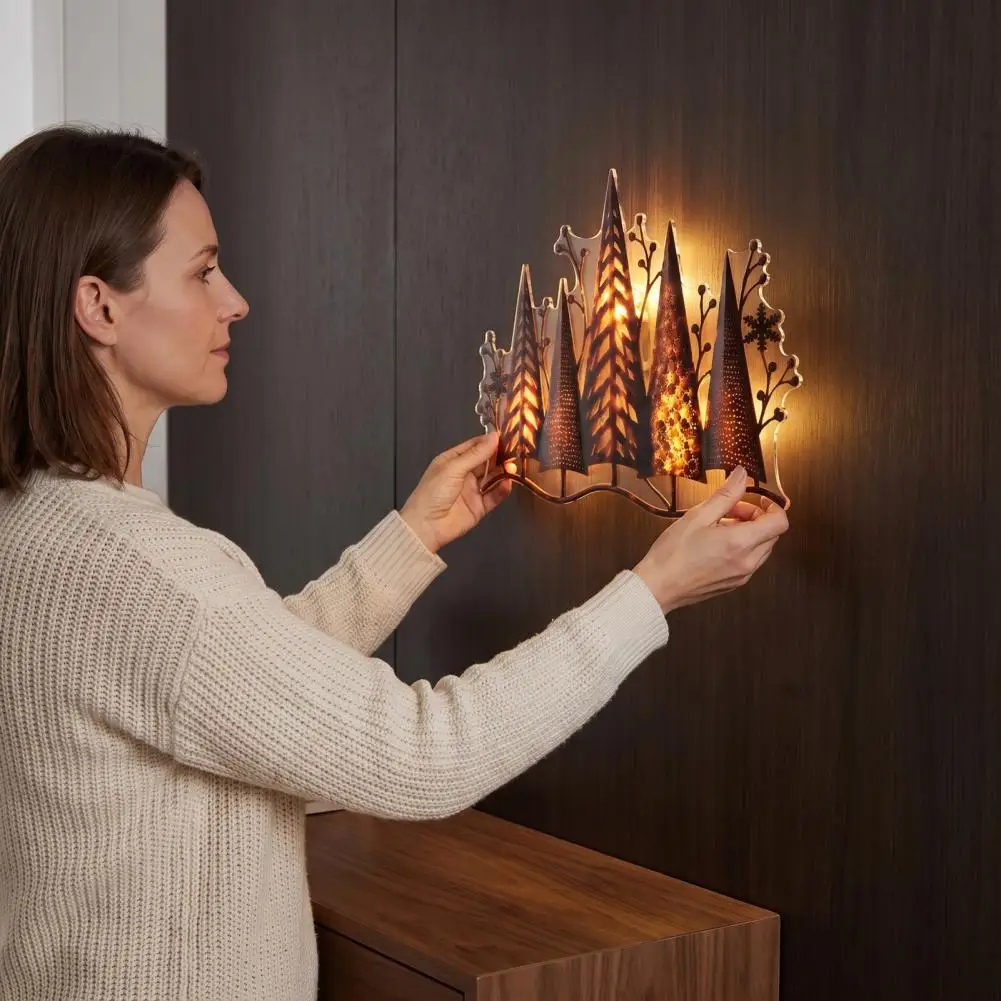 Festive Wall Ornament Acrylic Forest Wall Art with Warm Led Lights Glowing Tree Silhouette Decor Woodland Scene for Christmas