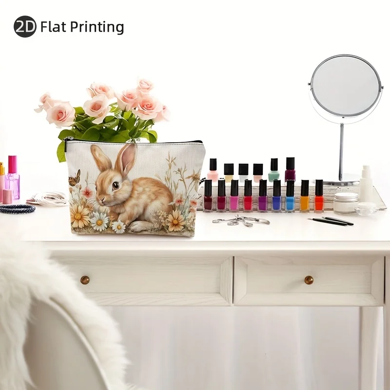 Bolsa de maquiagem com estampa floral e coelho encantador – bolsa multifuncional com zíper, bolsa de armazenamento de joias, zíper de viagem perfeito pequeno sto