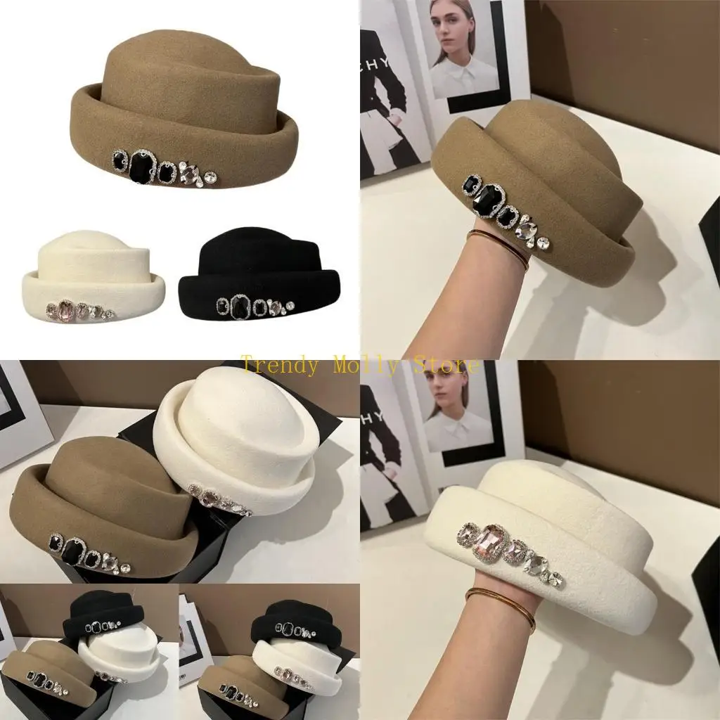 

N5KB Top Hat Cabbie Hat JokerGirl Woolen Felt Hat Elegant Headwear