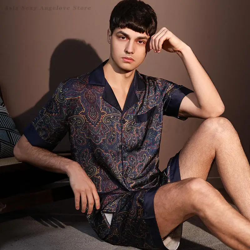 Large Size 3XL Men Pajama 2Pcs Set Summer New Short Sleeve Shorts Pijamas Suit Loose Ice Silk Satin Sleepwear Male Home Clothes
