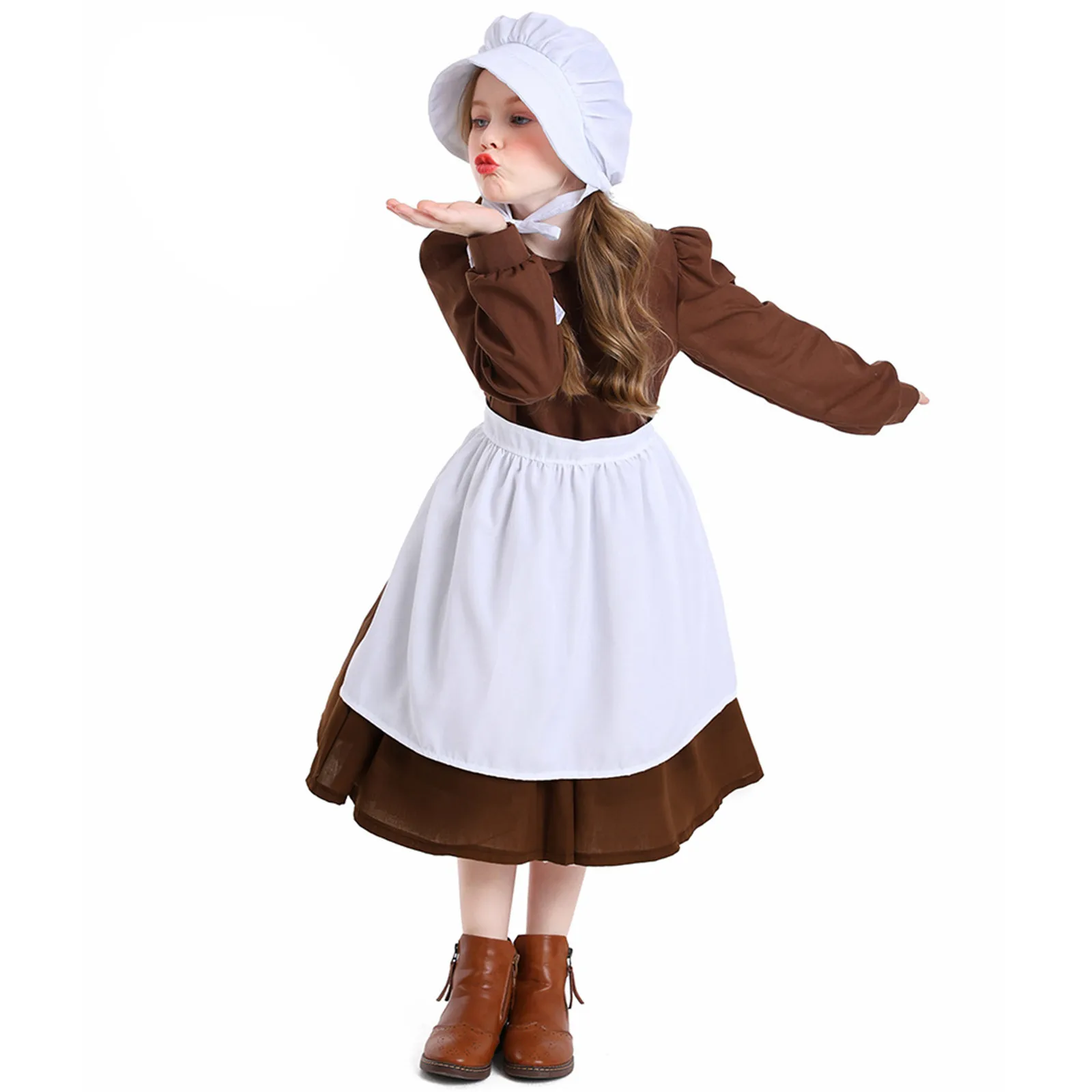 Girl Dress Anime Maid Pastoral Farm Maid Cosplay Dress Apron Hat Costume For Kid Halloween Carnival Party Stage Performance