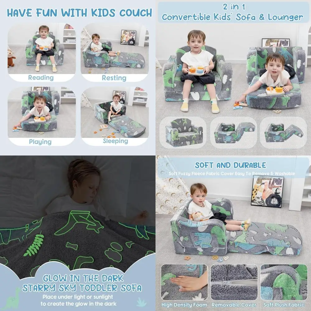 

Gray Dinosaur Toddler Couch and Lounger, 2-in-1 Convertible Sofa for Kids, Playroom Friendly