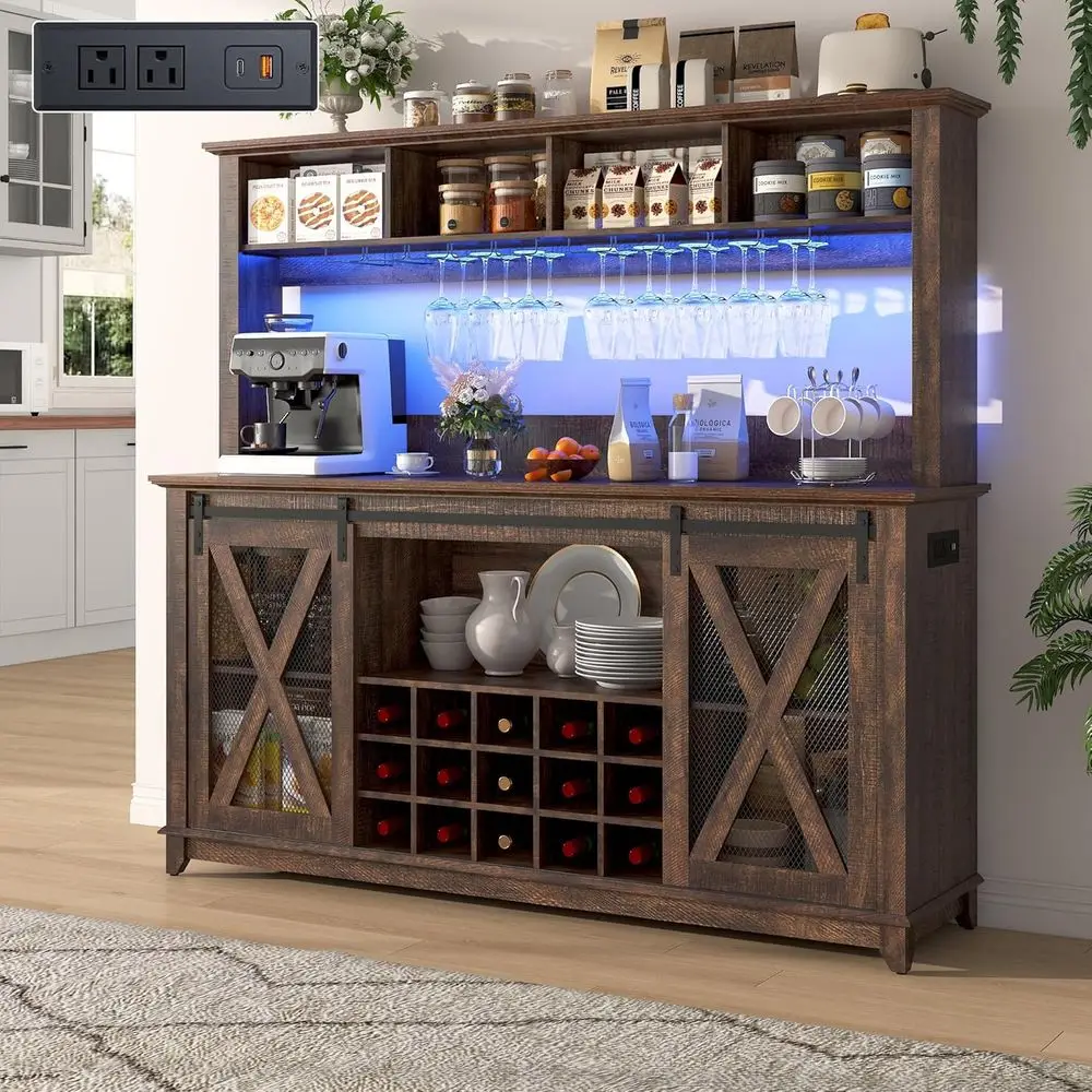 

Wide 63 x 58 Coffee and Wine Bar Cabinet with Power Outlet, LED Light, and 15 Bottle Racks for Kitchen or Dining Room (Brown)