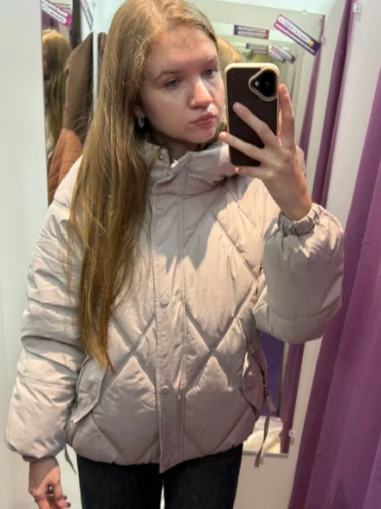 

Women Solid Hooded Cotton Coat Casual Full Sleeve Stand Collar Zipper Pocket Loose Jacket Lady Winter Commute Office Coats